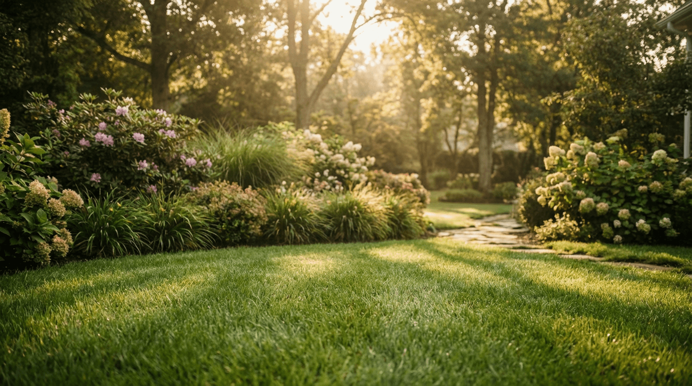 Residential lawn with a clean irrigation system and healthy landscaping