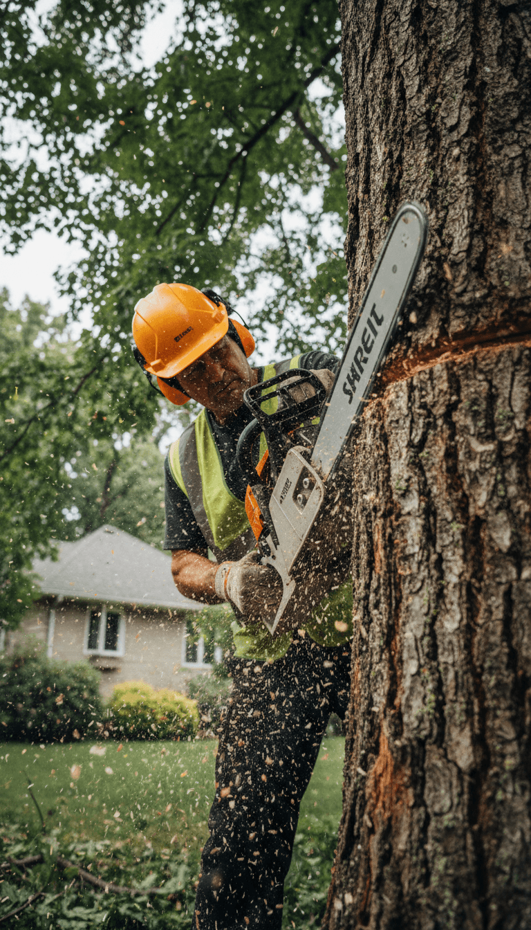 Tree crew cutting a large branch with a chainsaw