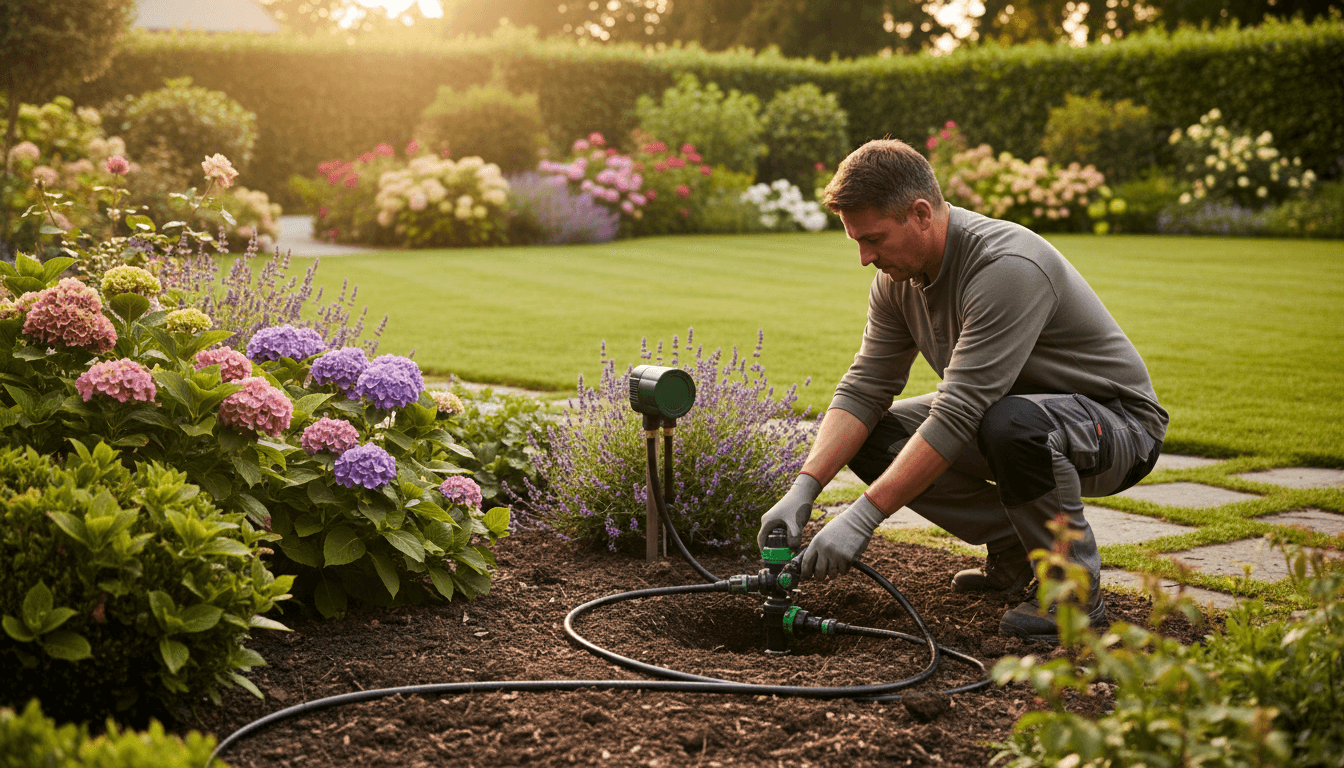 Landscaper checking irrigation system in a well-maintained yard