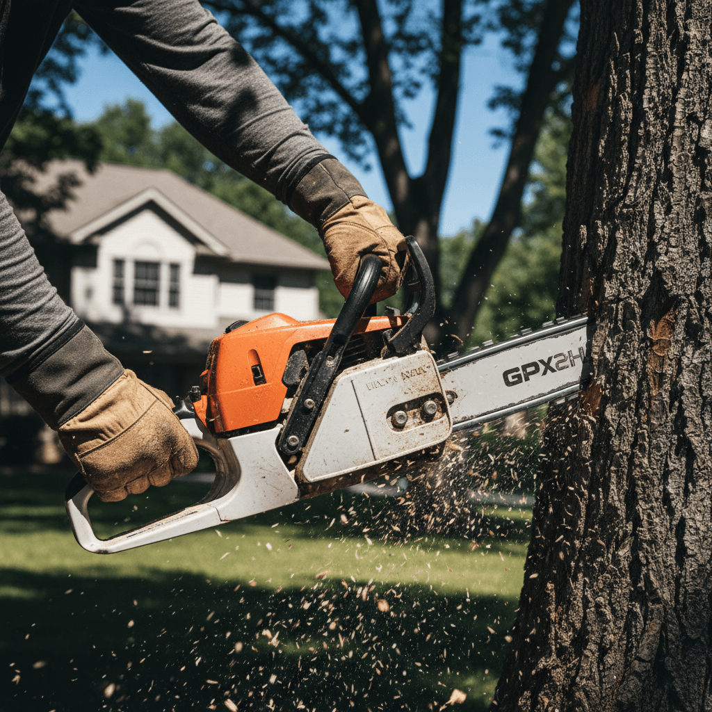 Worker guiding a cut tree limb from a residential driveway