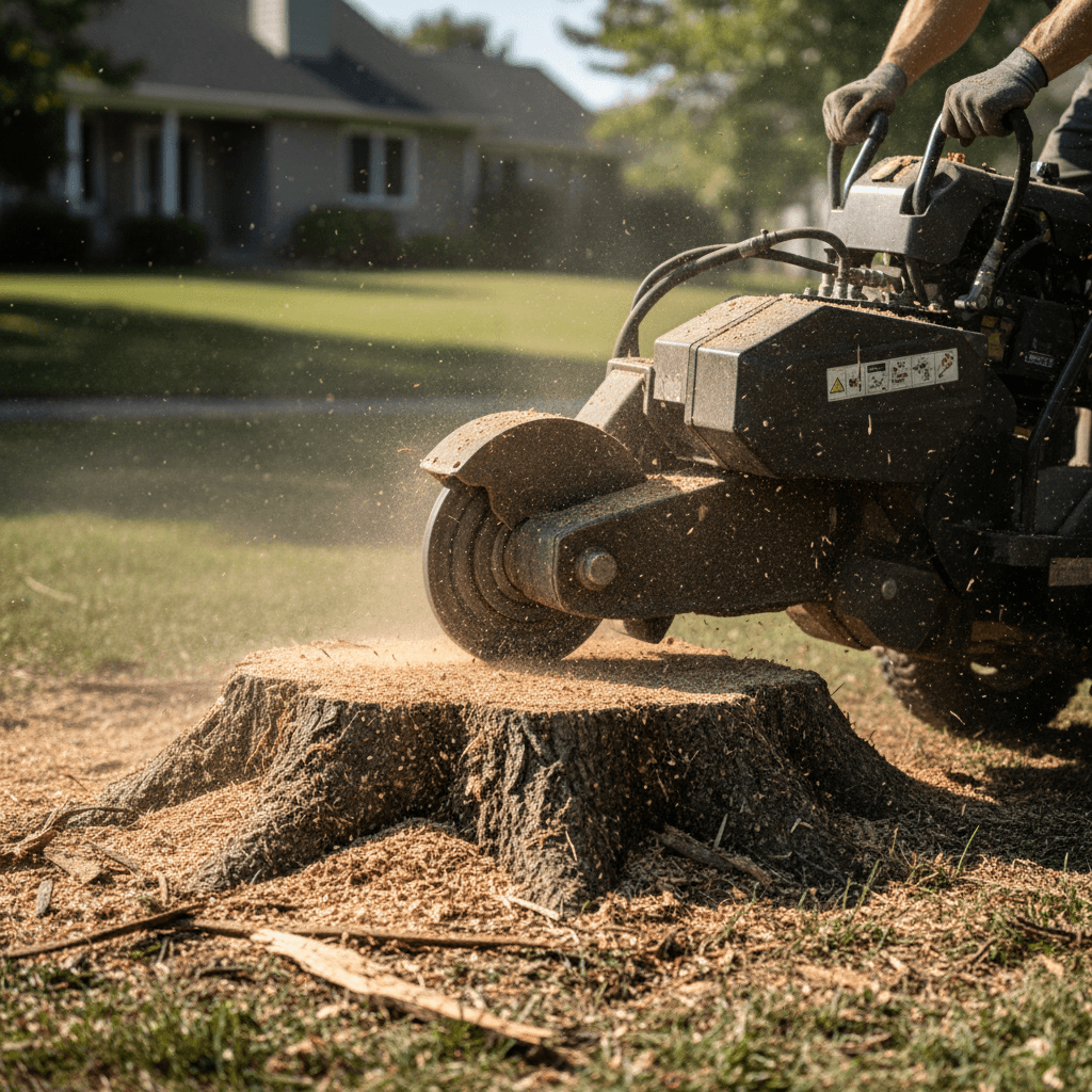 Stump grinder cutting a tree stump down to soil level