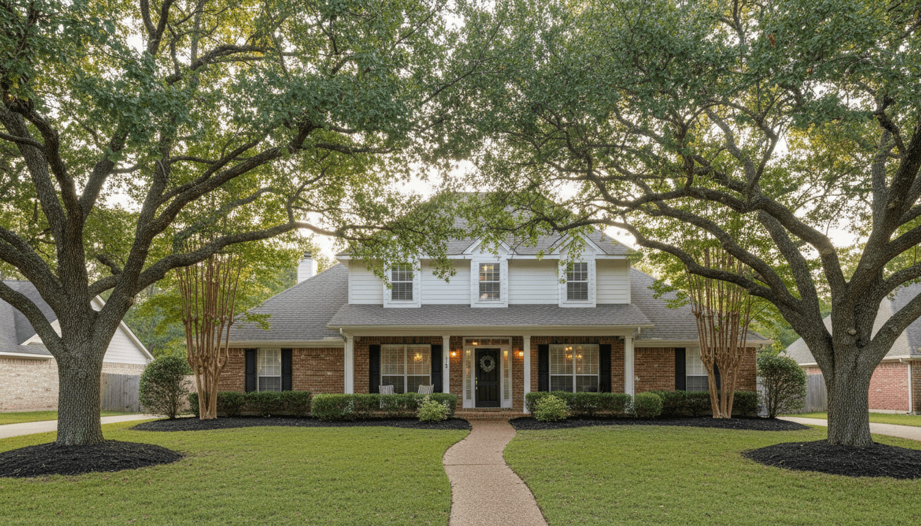 Trimmed property line with fresh mulch and a recently cut tree