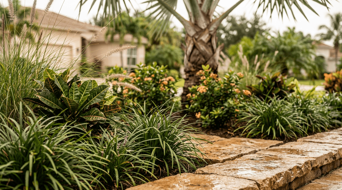 Newly designed landscape bed with stone border and plants