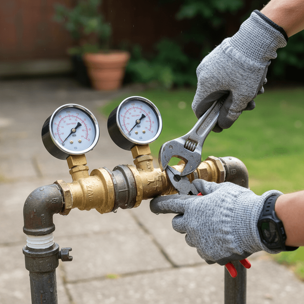 Technician adjusting an irrigation valve box in a lawn