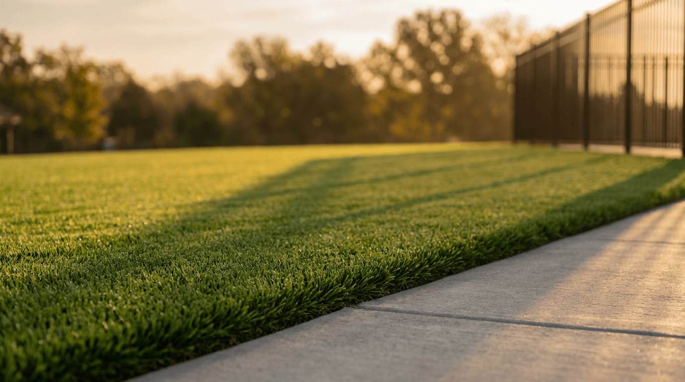 Lush green residential lawn with trees and irrigation system at golden hour
