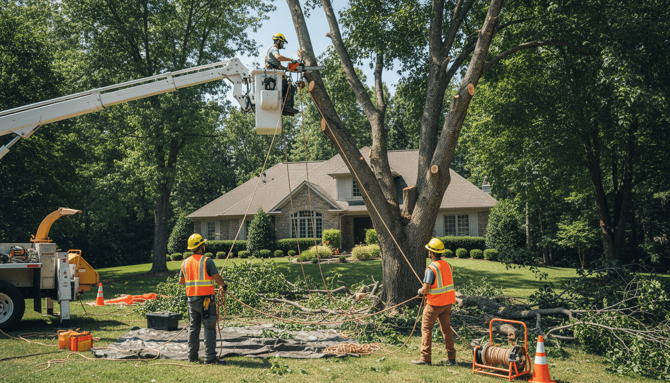 Tree service crew lowering a large branch during removal